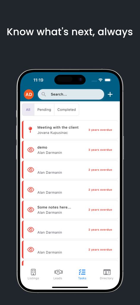 REAP CRM mobile task management interface showing a list of client meetings and pending real estate operations