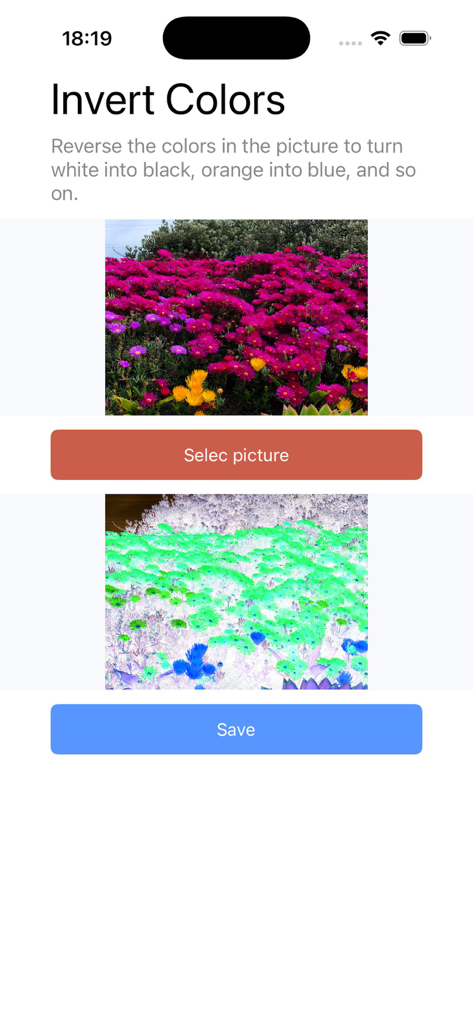 꽃 사진이 선택 및 저장 버튼과 함께 고대비 반전 버전으로 변환되는 것을 보여주는 색상 반전 앱 인터페이스 스크린샷