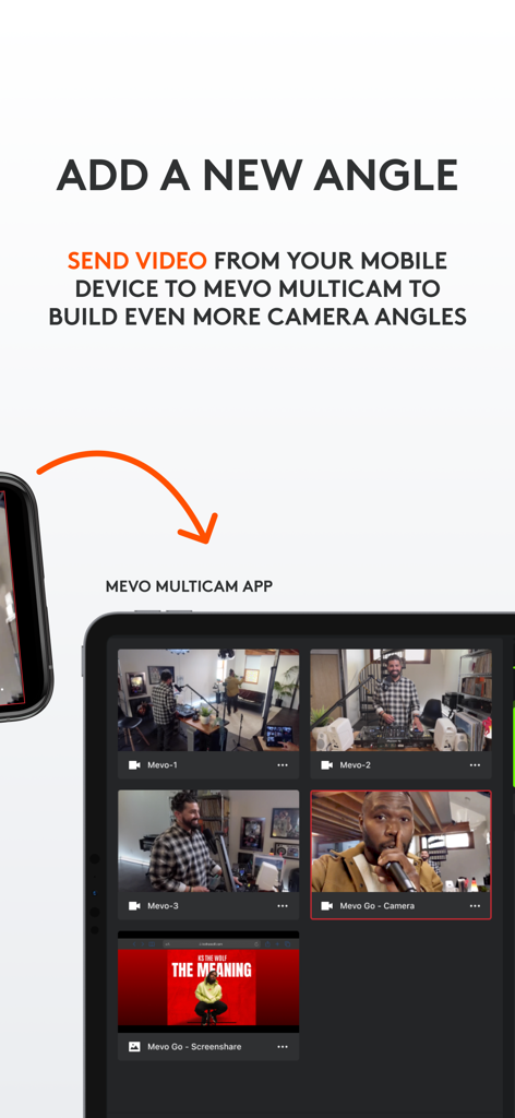 Logitech Mevo Go 앱 인터페이스에서 모바일 기기를 사용하여 멀티캠 스트림에 새 카메라 각도를 추가하는 방법 표시