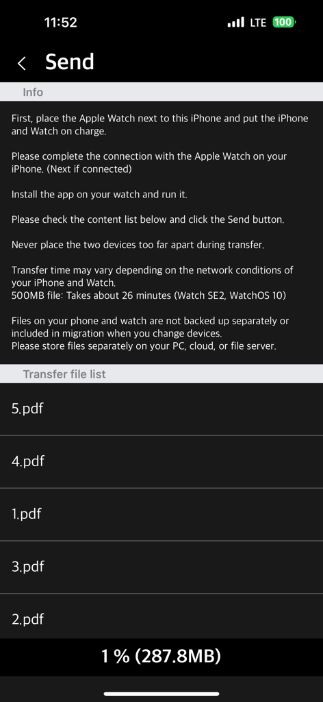 WatchPDF app screen on iPhone showing the file transfer process to an Apple Watch