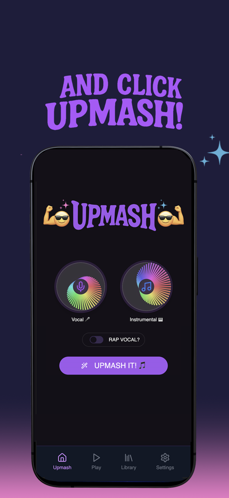 Interface do aplicativo UPMASH mostrando opções para selecionar faixas vocais e instrumentais para criar mashups de música