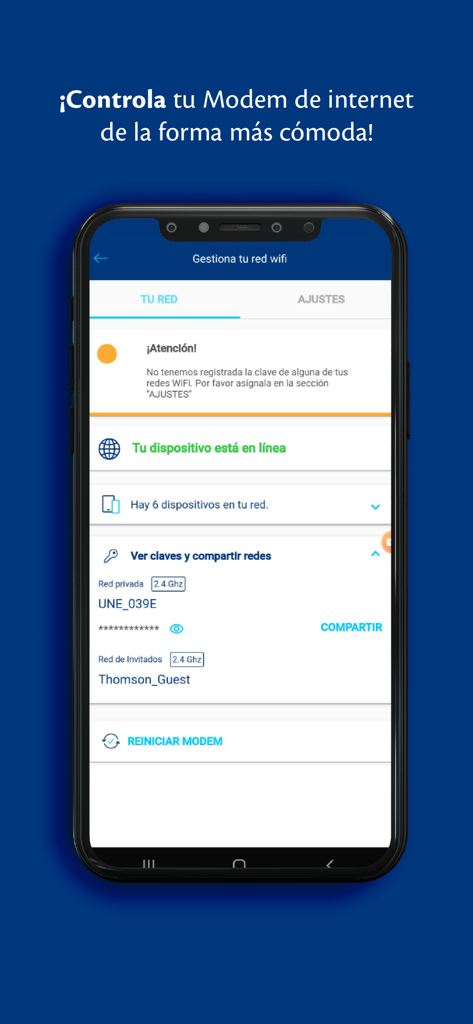 Mi Tigo Honduras - Interface do aplicativo Mi Tigo Honduras mostrando o gerenciamento da rede Wi-Fi residencial e os controles do modem