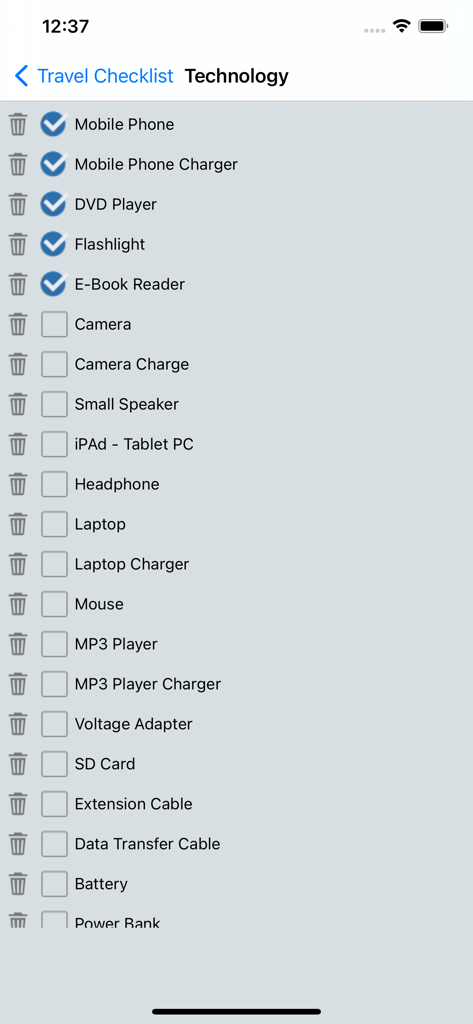 Una pantalla de teléfono inteligente que muestra una lista de equipaje de tecnología dentro de la aplicación Lista de Necesidades de Viaje, incluidos artículos como teléfonos móviles, cargadores y computadoras portátiles