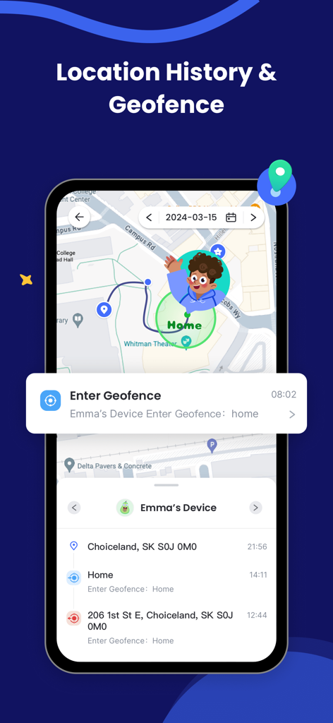 Parental Control App: AirDroid - AirDroid Parental Control app showing location history and geofence alerts on a smartphone