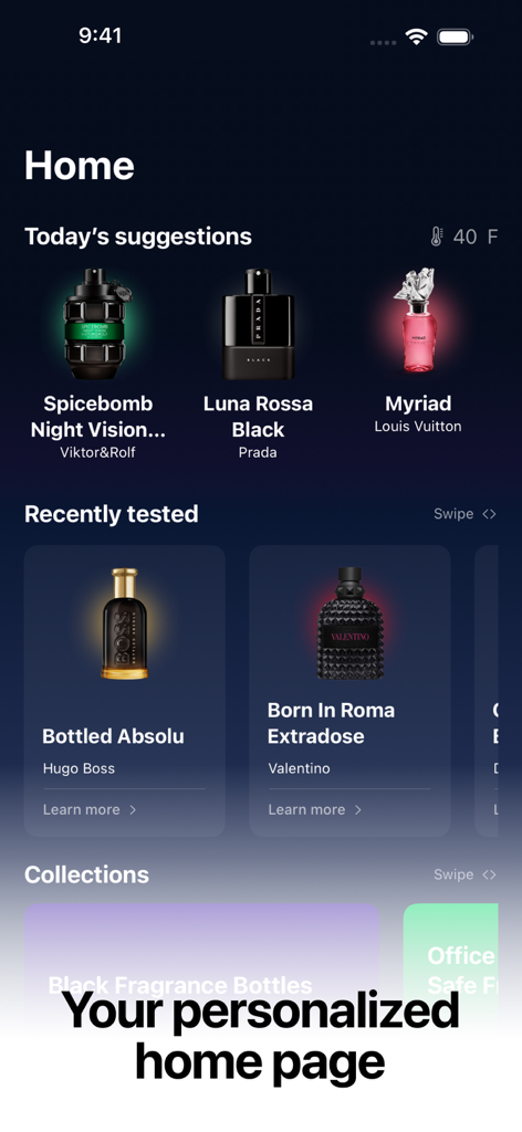 Perfume Advisor - MaxManScents - Personalized home page of the Perfume Advisor app displaying fragrance recommendations and collection categories