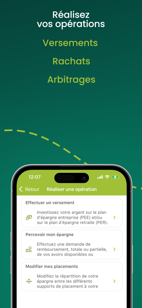 Groupama Epargne Salariale - Interface de l'application Groupama Épargne Salariale montrant les options de transaction telles que les versements et les retraits
