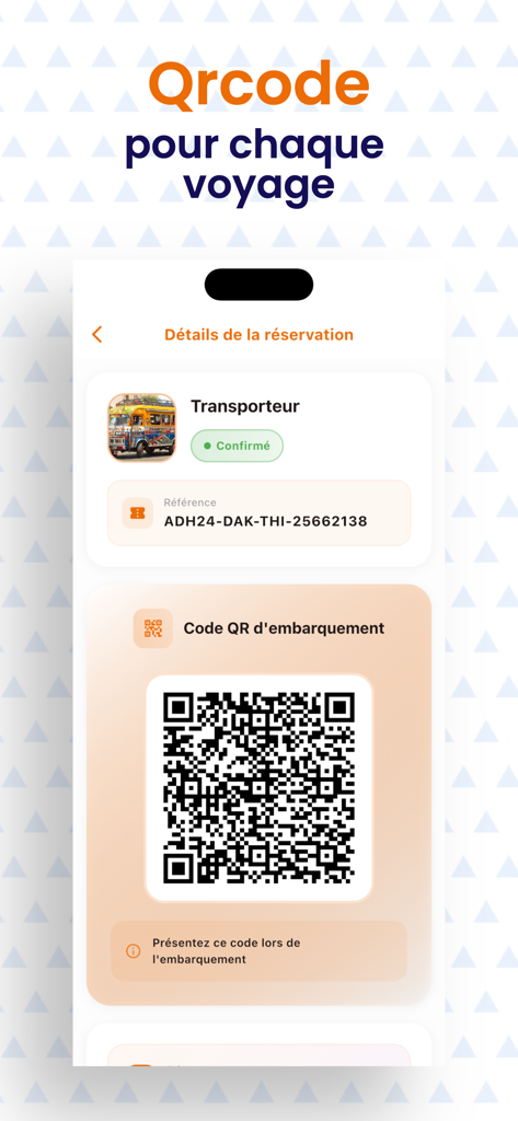 Écran de l'application mobile Allo Dakar H24 présentant un code QR d'embarquement et les détails de la réservation pour un trajet.