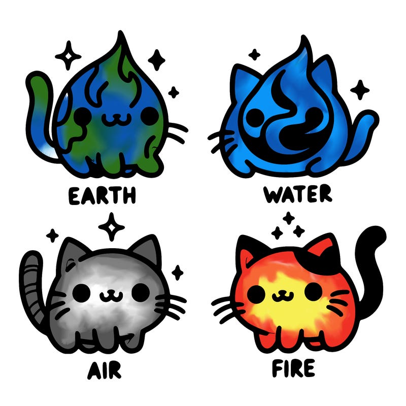 4 cats that represent the different elements, earth, water, air, and fire