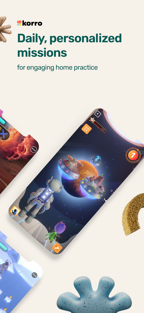 Korro - Écran mobile montrant un thème spatial intergalactique gamifié avec un astronaute et des planètes pour les missions d'ergothérapie à domicile.
