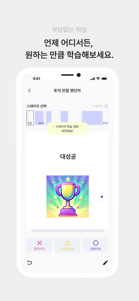 Brainy Cards mobile app interface showing a gamified study session with a success trophy and progress tracking for vocabulary learning.