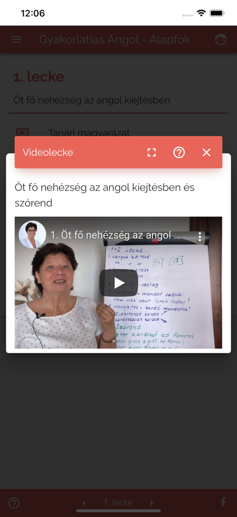 Gyakorlatias Angolアプリのビデオレッスン、ハンガリー語での英語発音を説明する教師が表示