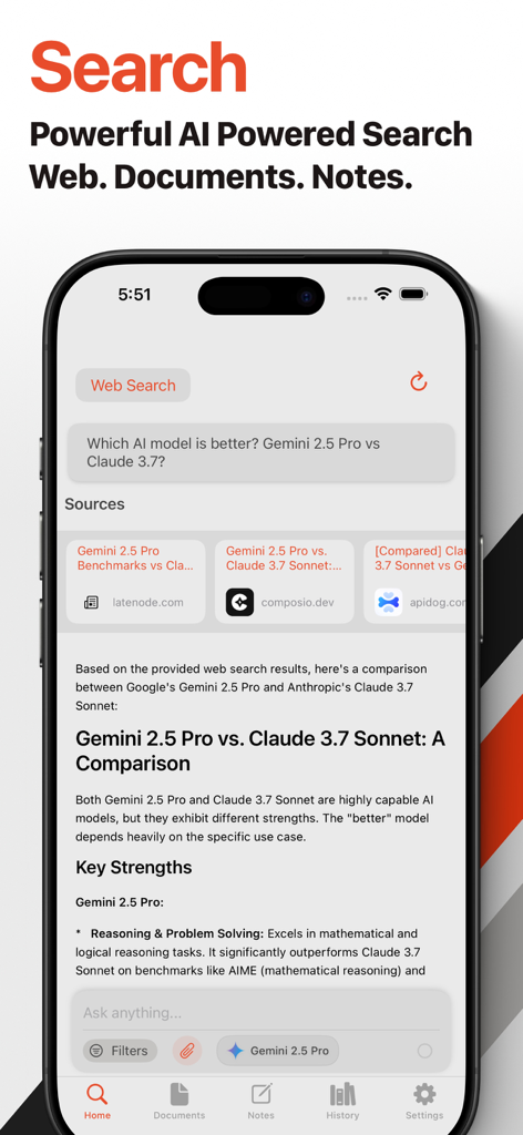 Chunk: AI Research Assistant - Smartphone screen showing the Chunk AI app performing a web search and comparing Gemini 2.5 Pro with Claude 3.7