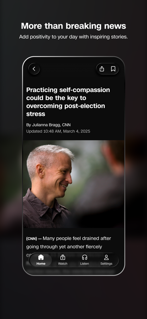 Interfaccia dell'app mobile CNN che mostra un articolo ispiratore di stile di vita sull'autocompassione e la salute mentale