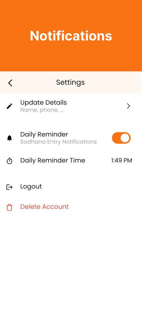 Settings screen of the Krishna Smriti app featuring daily reminder and notification options