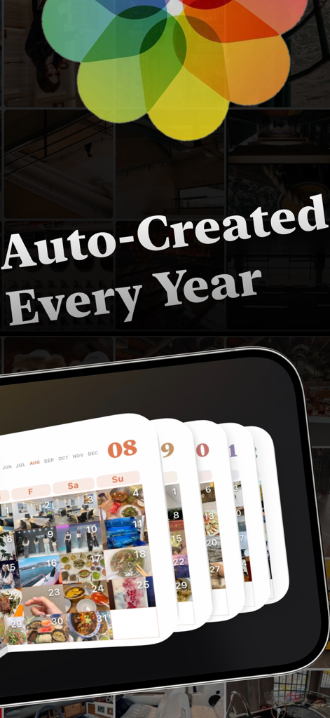 FlipYear app showing auto-created 3D photo yearbooks with monthly calendar views