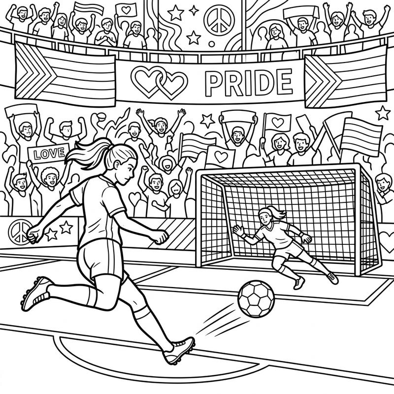 Get ready for an electrifying soccer moment with a powerful penalty kick! This unique coloring page celebrates both the thrill of the game and the inclusive spirit of Pride Month.