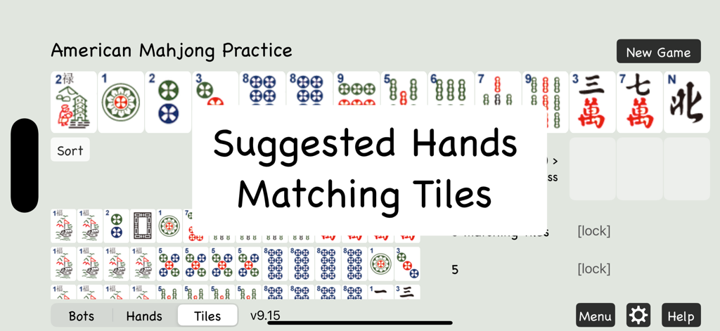 Interface of American Mahjong Practice app showing suggested hands and matching tiles