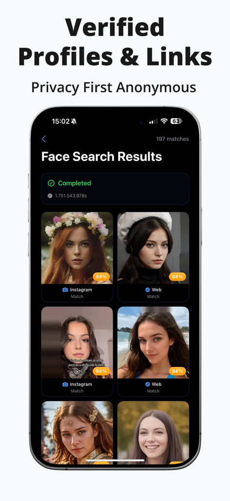 Deepsearch AI People Search - A mobile app screen showing facial recognition results from social media with confidence scores and profile links.