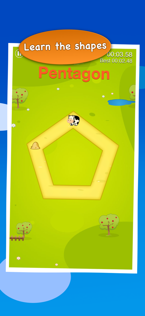 Roads Kids - Pantalla de juego de aprendizaje preescolar que muestra una vaca de dibujos animados trazando un pentágono en un campo verde.