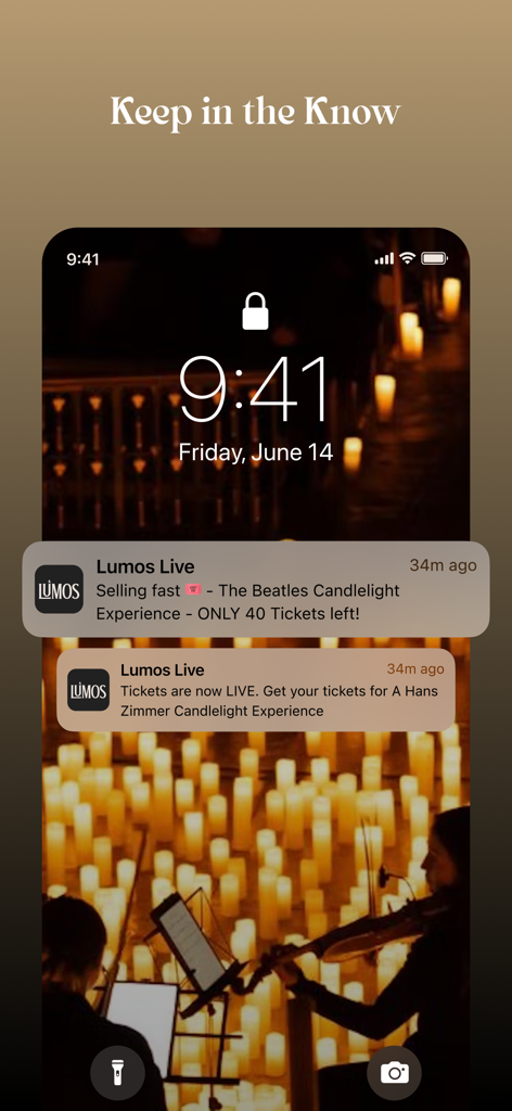 Lumos - iPhone lock screen showing Lumos Live app push notifications for candlelight concert ticket alerts