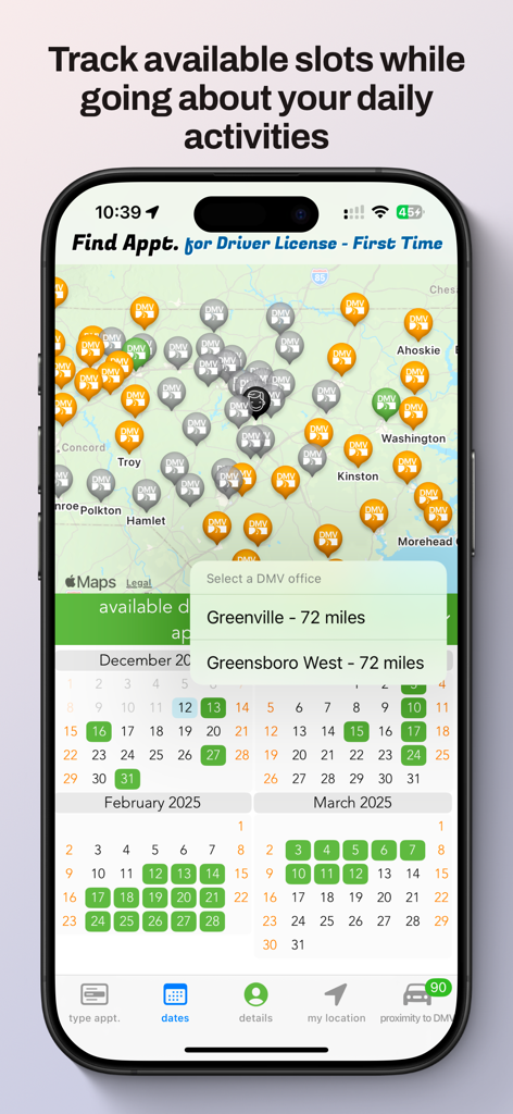 Interfaz de teléfono inteligente que muestra ubicaciones del DMV de Carolina del Norte en un mapa y un calendario de citas con citas disponibles.
