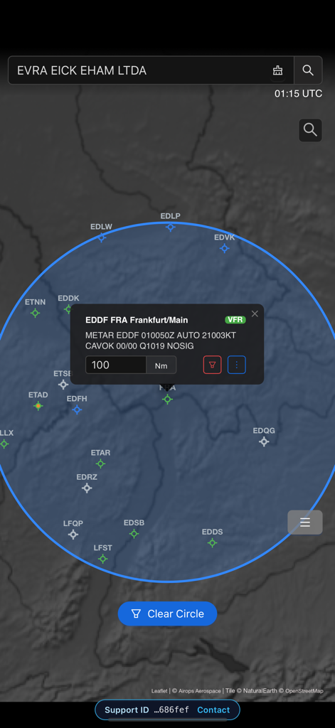 Airops Copilot - Airops Copilot app displaying an aviation map with airport ICAO codes and METAR weather data for Frankfurt