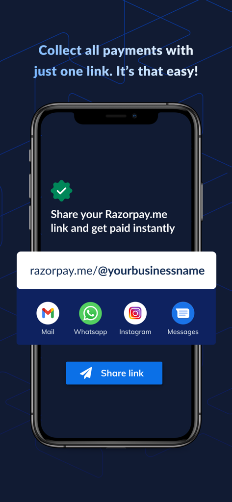 Razorpay - Accept Payments Now - Smartphone screen showing a Razorpay payment link with options to share via WhatsApp Instagram and Mail