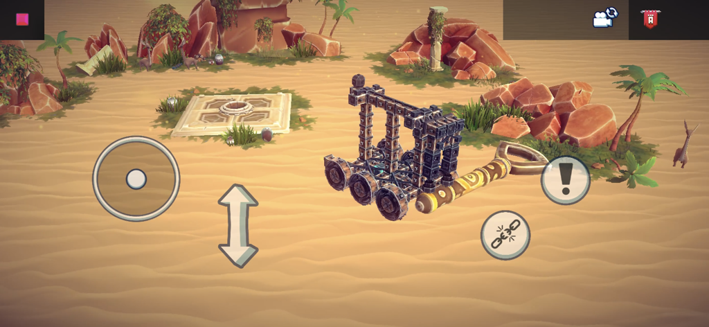 A physics based wooden siege machine built in a desert environment in Besiege Mobile