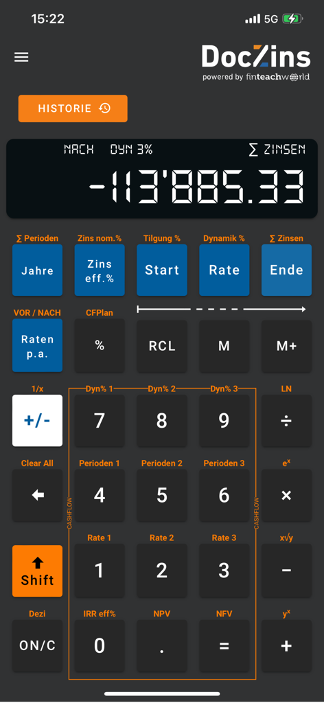 DOCZINS professional financial calculator app interface showing advanced interest rate calculations.