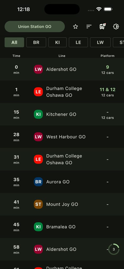 GO Departures - GO Departures app displaying live train departure times and platform numbers for Union Station