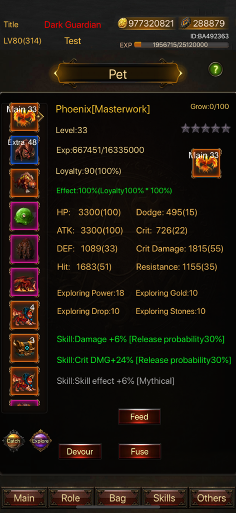 Legend of Darkness - Legend of Darkness pet management screen showing phoenix masterwork stats and attributes