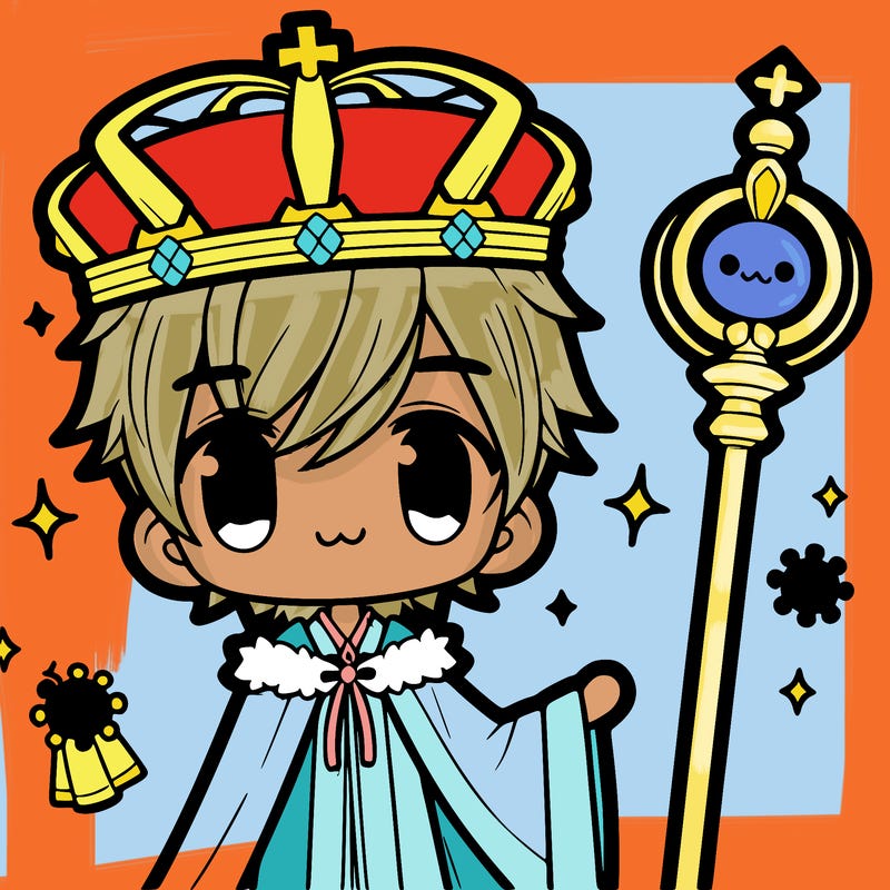 manga character with a staff and crown