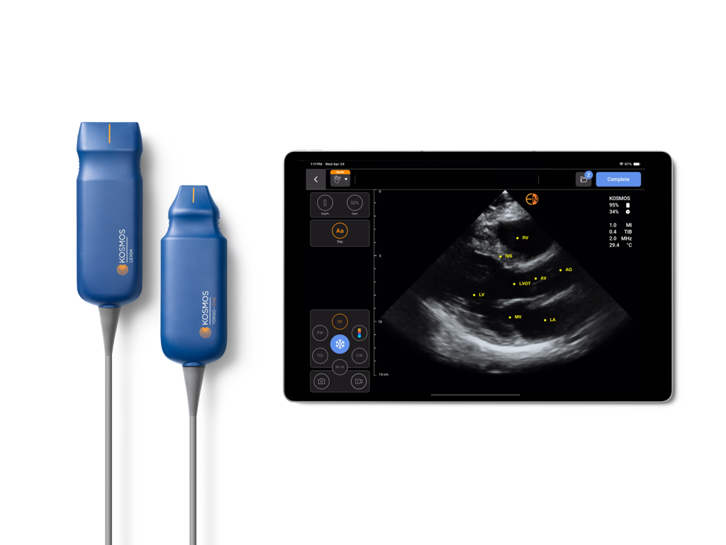 Kosmos Ultrasound 4.0 - Kosmos Ultrasound 4.0 app on an iPad displaying a cardiac echocardiogram next to handheld Lexsa and Torso One probes.