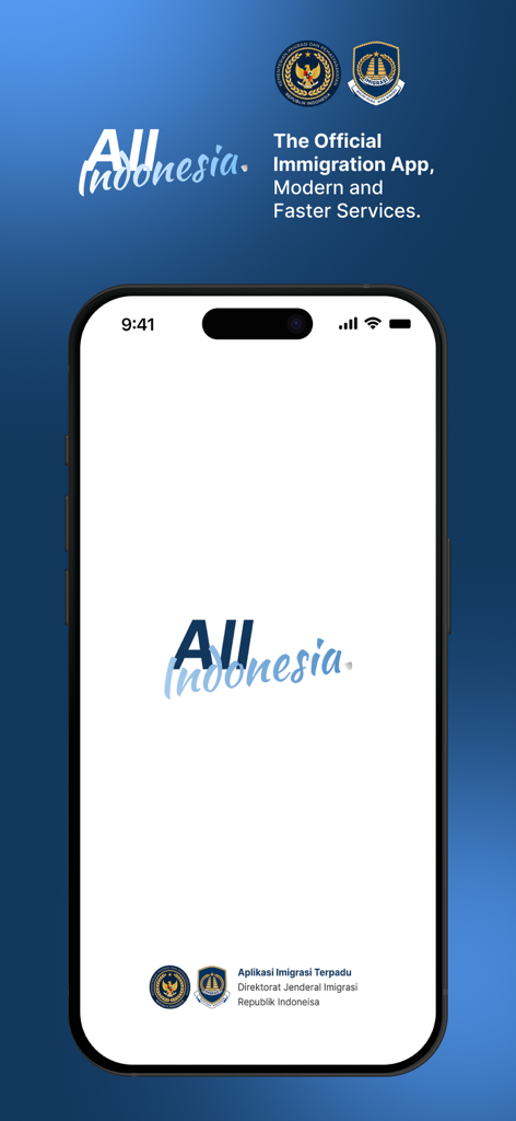 Schermata di avvio dell'app ufficiale di immigrazione All Indonesia visualizzata su un iPhone