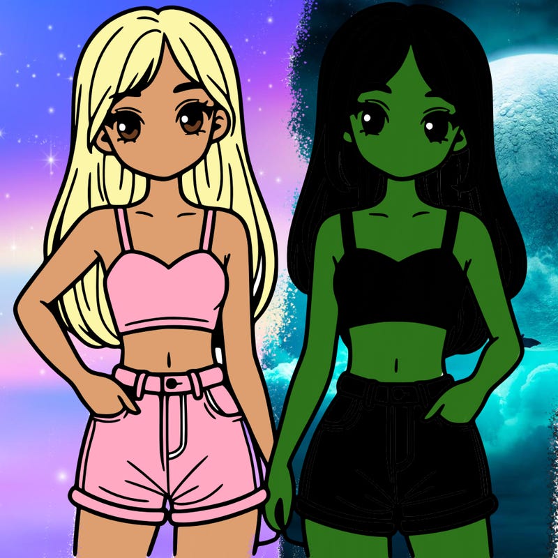 two sisters with crop tops and jean shorts and straight hair