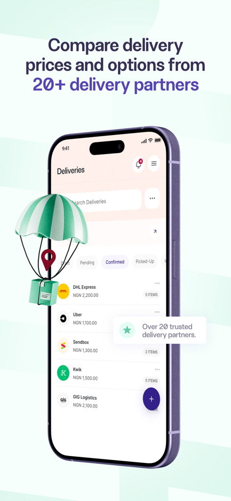 Catlog: Create Online Store - Mobile app interface showing a comparison of shipping prices and delivery partners for an online store