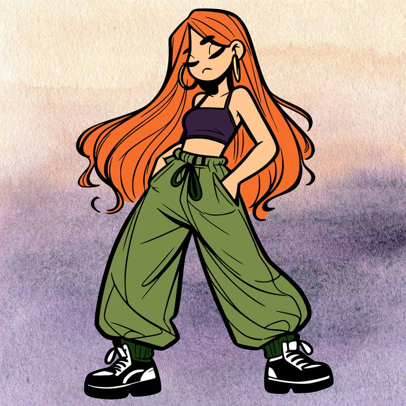 girl in baggy pants crop top and long hair