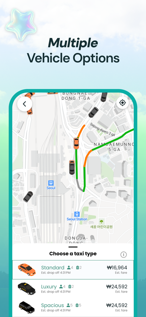 TABA - Get a taxi in Korea - ソウルでの標準、高級、広々としたタクシーのオプションと推定運賃を表示するTABAアプリの画面