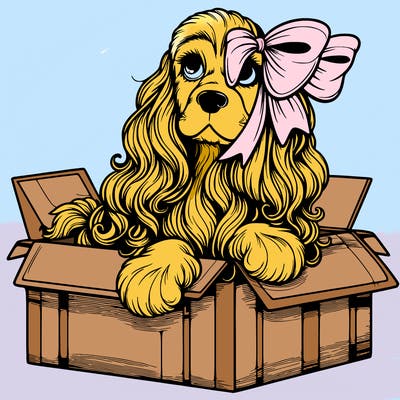 a spaniel american cocker with a beautiful bow coming out if a box realistic cute