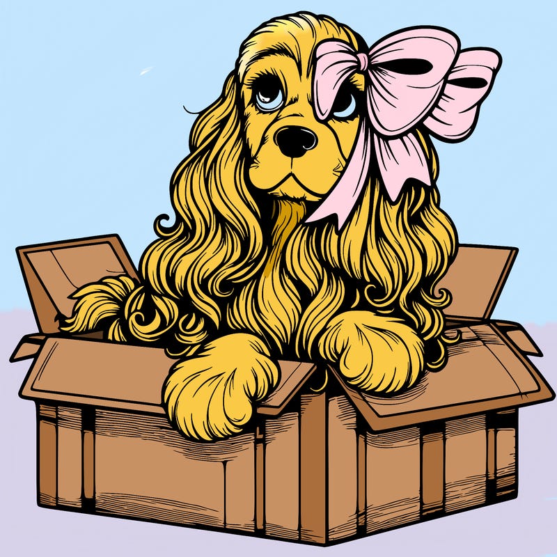 a spaniel american cocker with a beautiful bow coming out if a box realistic cute