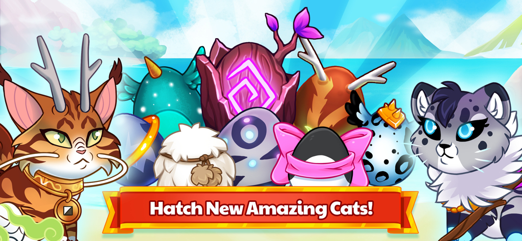 A group of colorful fantasy eggs and two cute cartoon cats with a banner saying Hatch New Amazing Cats