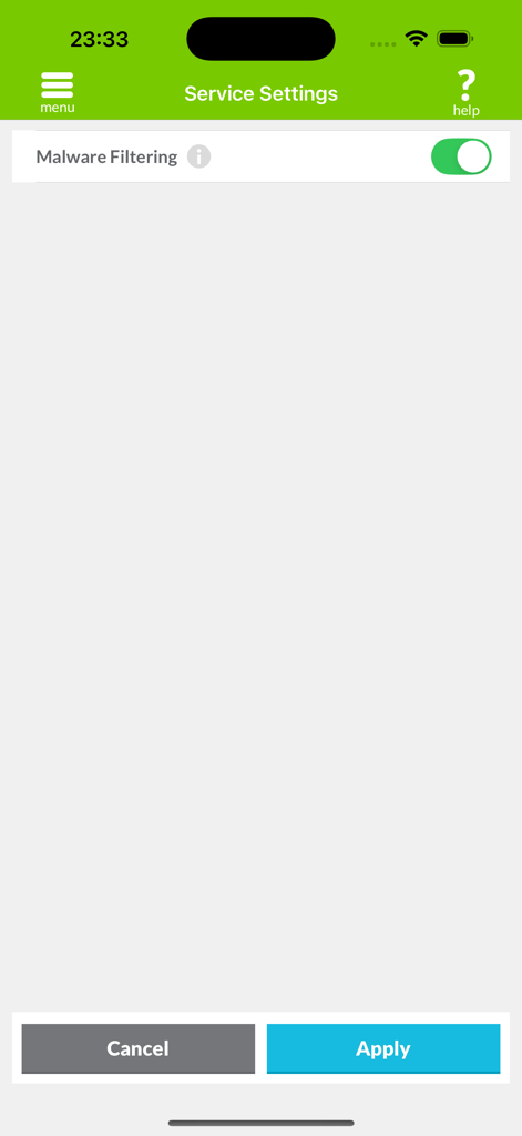 Private WiFiアプリのサービス設定画面。マルウェアフィルタリングのトグルが有効になっている