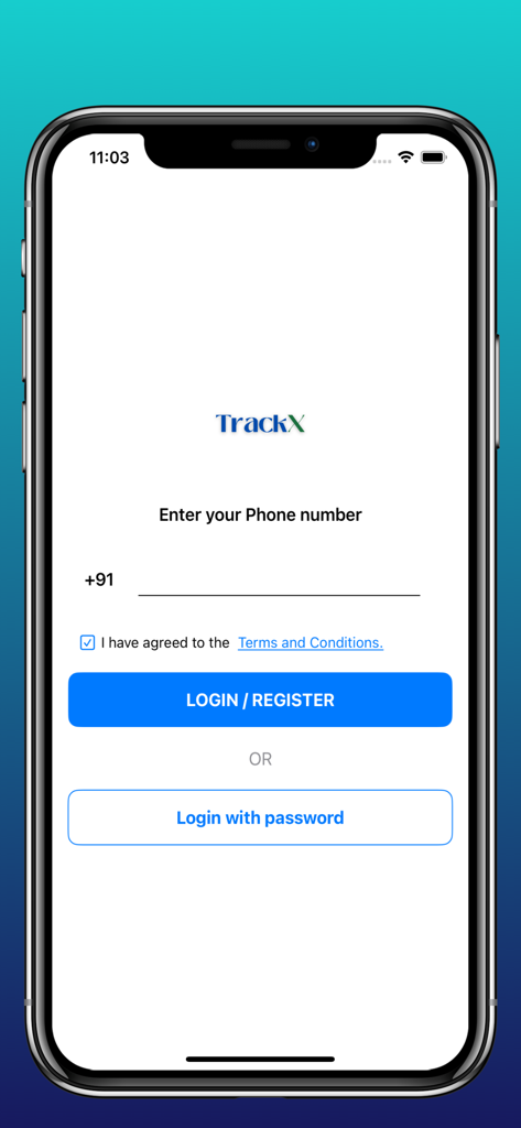 TrackX.io - Tela de login do aplicativo TrackX.io com campo para número de telefone e botões de registro