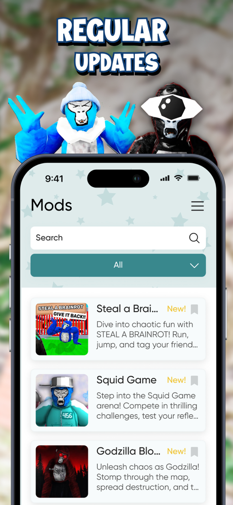 Gorilla Tag Horror Game Mods - A list of horror game mods for Gorilla Tag displayed on a mobile phone screen