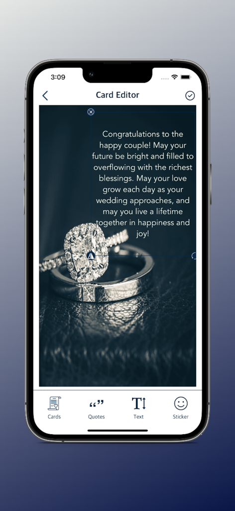 Quotes Maker Photo Editor App - A wedding congratulation quote being edited over a photo of wedding rings in the app interface