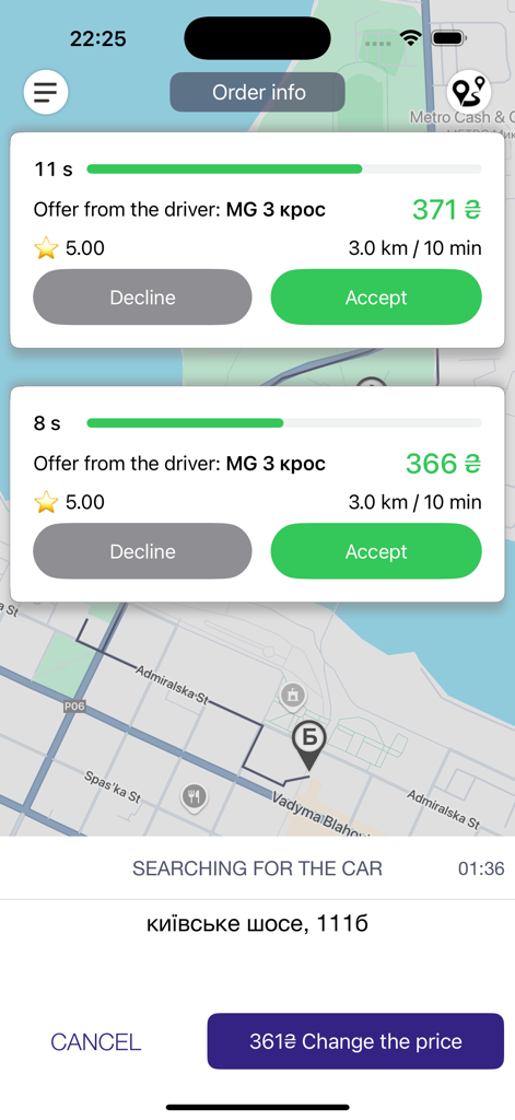 Taxi 994 - Order Taxi Online - Taxi 994 app interface showing multiple driver offers with prices and ratings on a map
