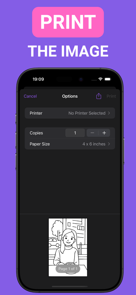 InkMagic Photo Coloring Pages - Smartphone interface showing print options for a custom coloring page created from a photo