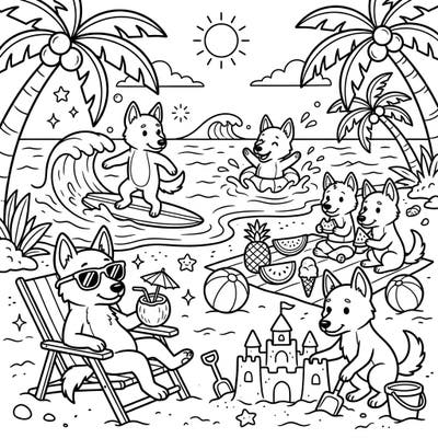 Join a lively pack of Australian dingos as they make the most of a sunny summer day at the beach in this delightful coloring page. From surfing waves to building sandcastles, there's endless fun to be had.