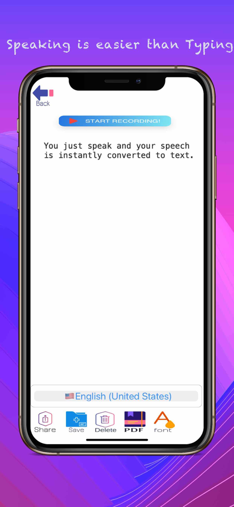 Mobile app interface for Speech to Text showing a start recording button and language selection for English United States