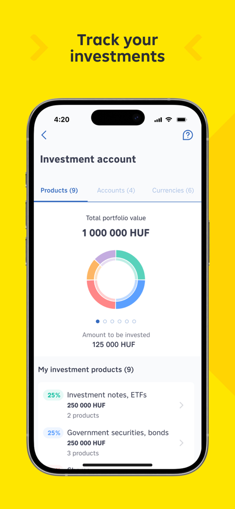 my Raiffeisen - my Raiffeisen app investment account screen displaying total portfolio value in HUF and asset distribution chart